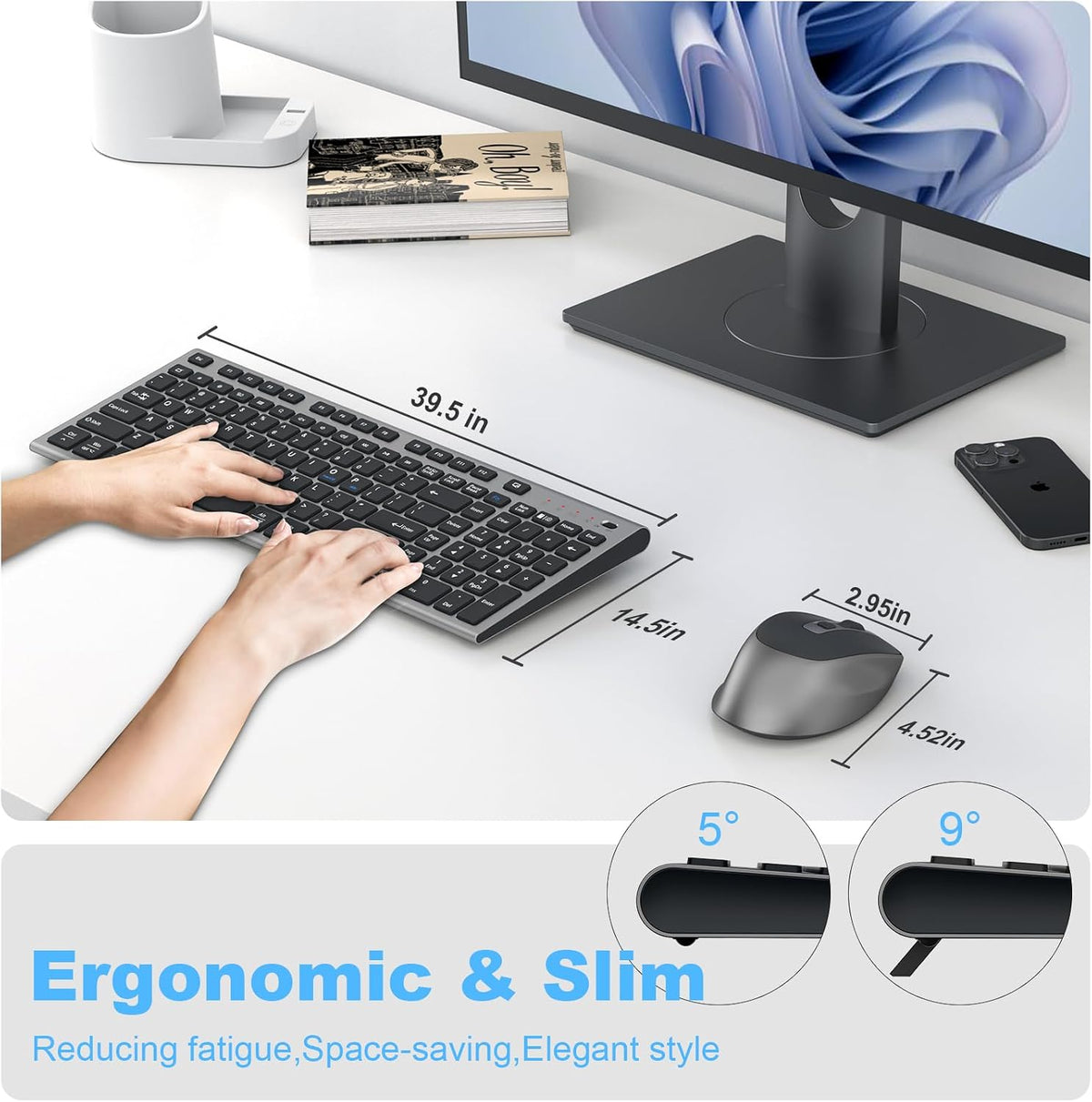 FENIFOX Rechargeable Wireless Keyboard and Mouse, with Number Pad Grey