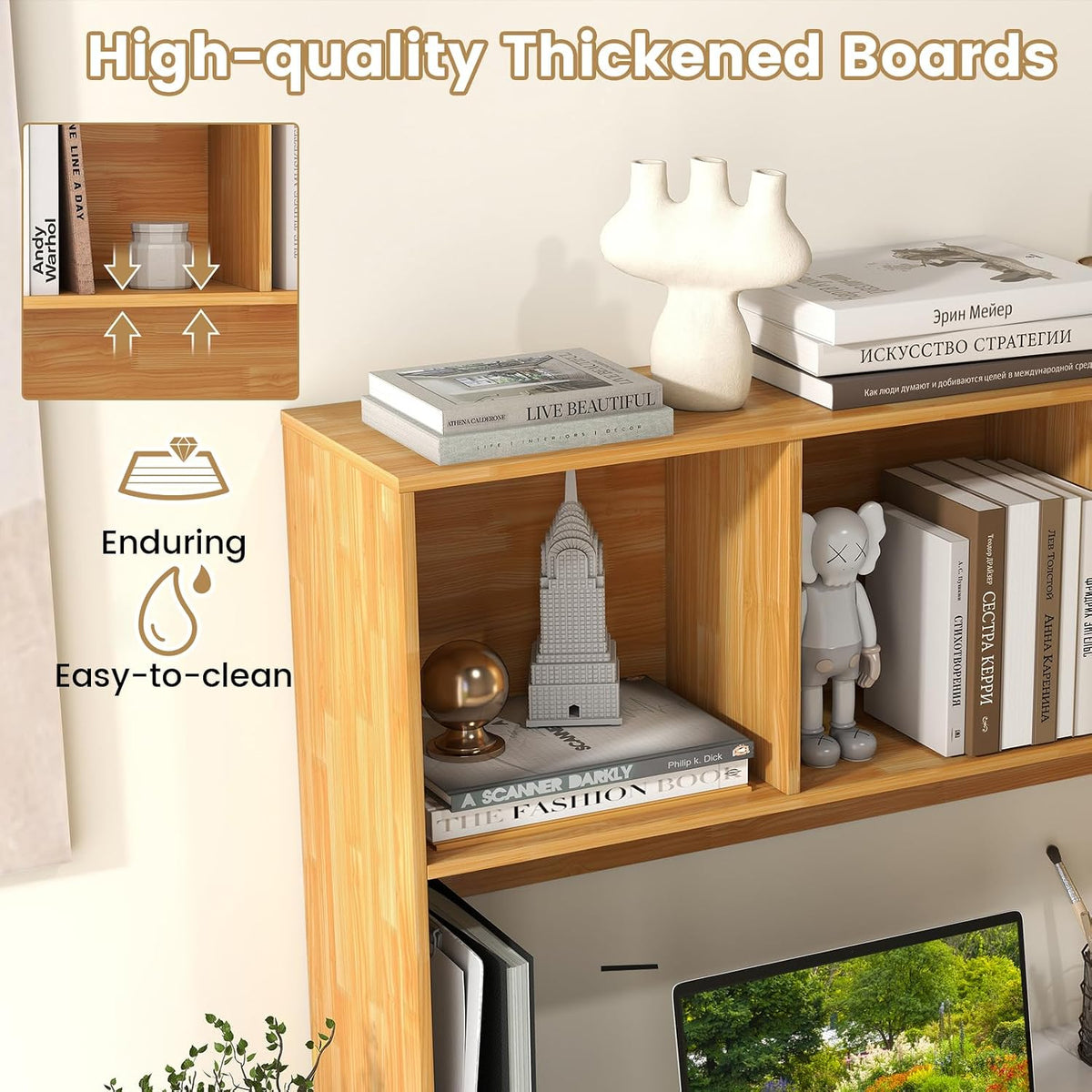 GIANTEX Desktop Bookshelf, Countertop Storage Hutch with 4 Shelves for Computer Desk, Dressing Tabletop Display Rack, Multipurpose Desk Hutch Storage Organizer for Home Office Dorm (Burlywood)