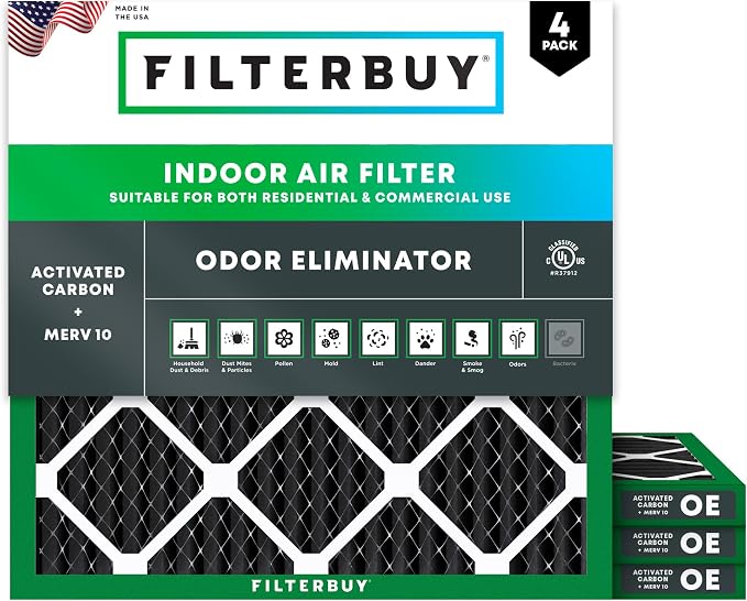 Filterbuy 25x25x1 Air Filter MERV 10 Odor & Allergy Defense