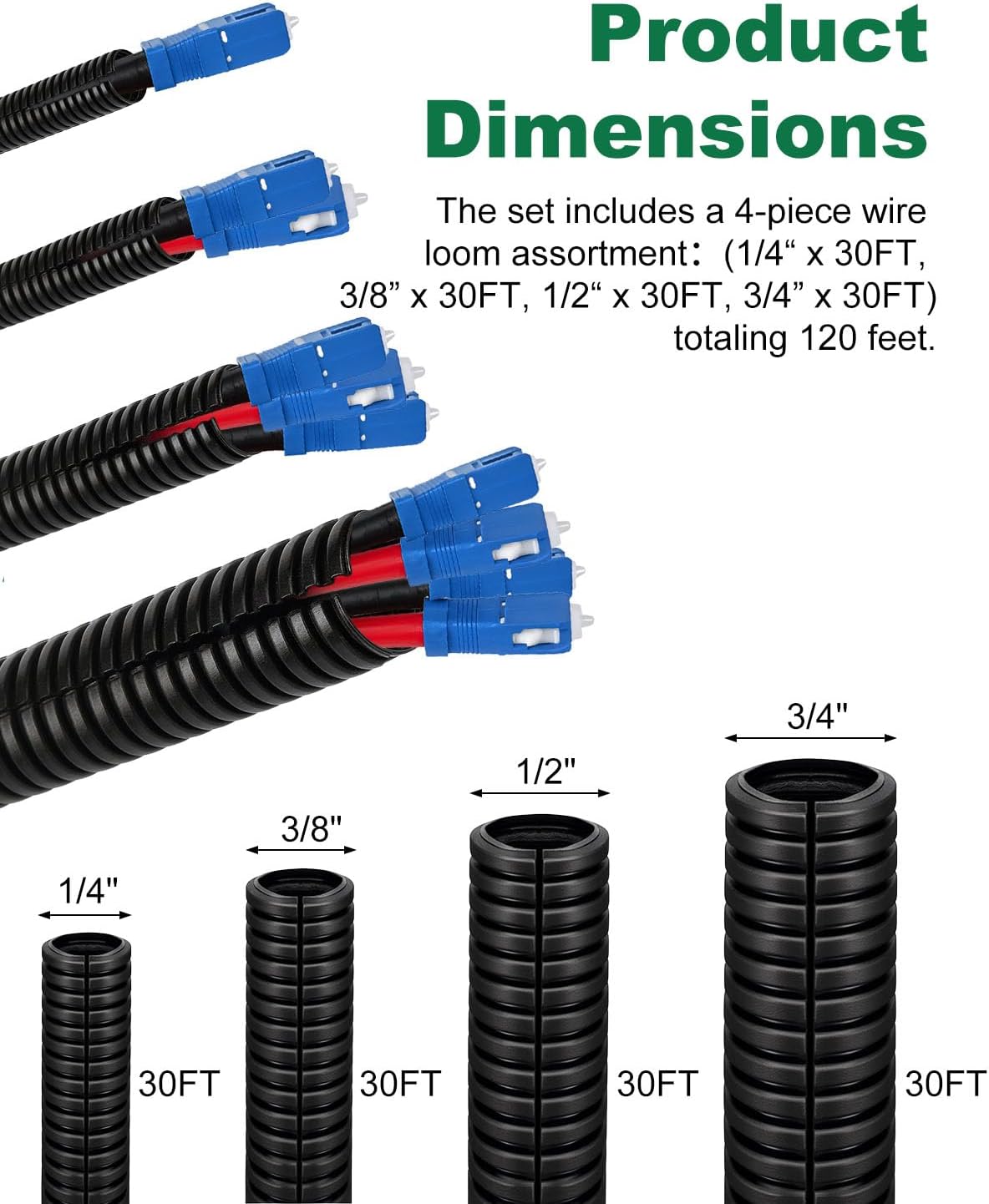 MUZIK 120FT Split Wire Loom, 4pc Flame Retardant PP Cable Sleeve Management