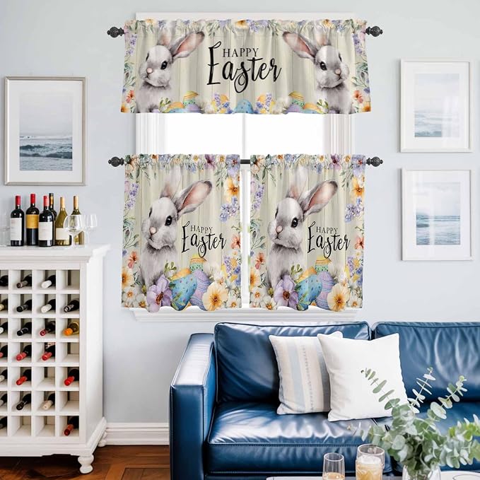 Easter Grey Bunny Kitchen Curtains Set 3 Piece