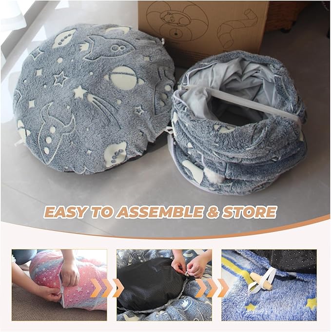 Large Cat Tunnels Bed Tube for Indoor Cats Under Christmas Tree Glows in The Dark Cat Tunnel with Cushion and Plush Ball Toy Longer Playground Toys for Dog Puppy Kitten Pet Gray