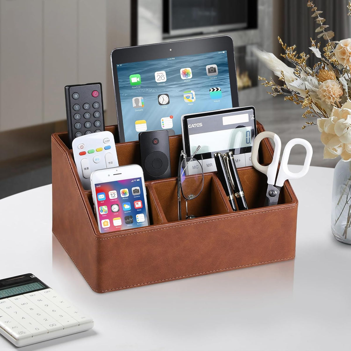 PU Leather Desk Organizer, Remote Control Holder (Brown)