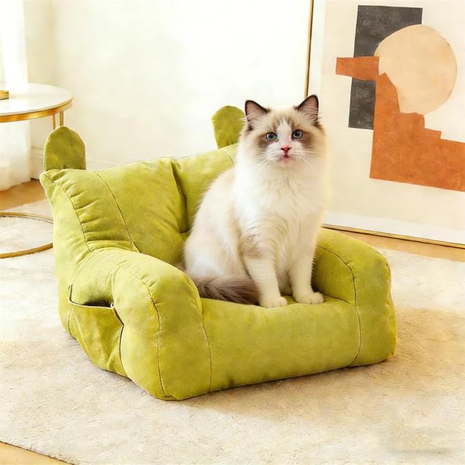 Cute Ear Pet Sofa Bed, Pet Bed Mat, Linen Pet Bed for Small & Medium Dogs and Cats, Soft Washable Pet Furniture Beds Supplies for Dog Kitty (Green)