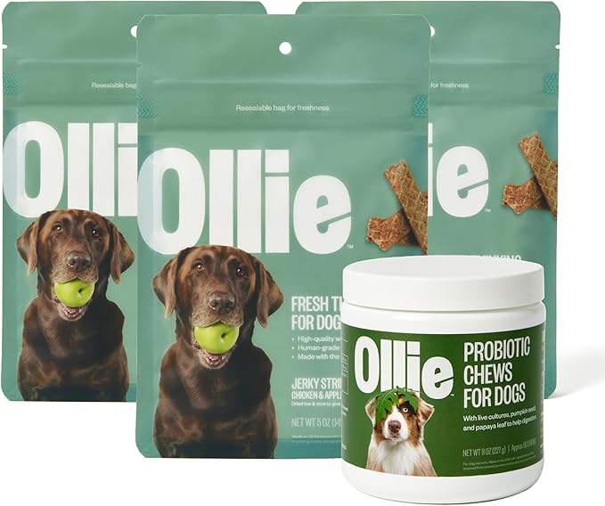 Ollie Belly Rubs Dog Probiotic Chews - Probiotics for Dogs and Ollie Chicken and Apple Recipe Jerky Dog Treats - Dog Jerky Treats All Natural