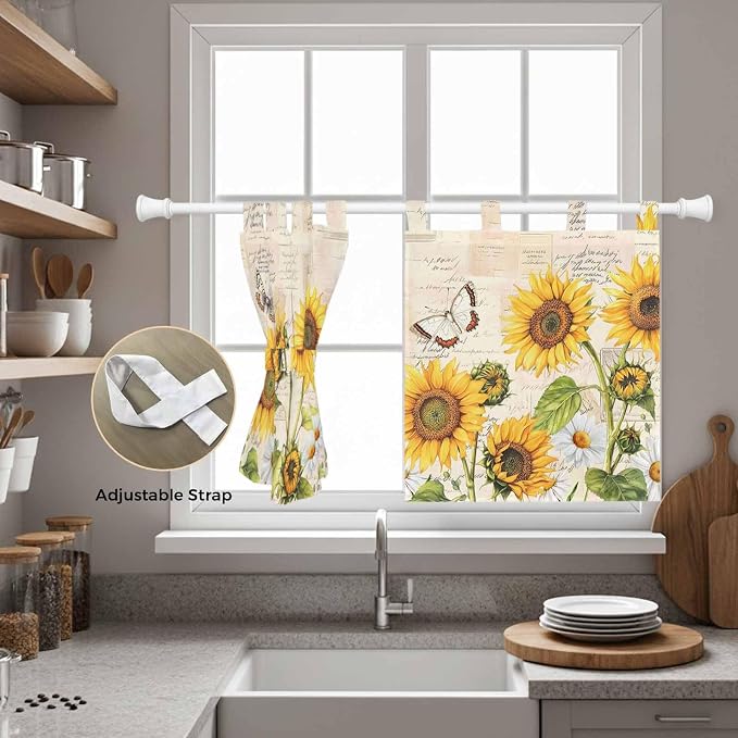 Yellow Sunflowers Kitchen Curtains 36 Inch Length, Small Window Curtains Tab Top