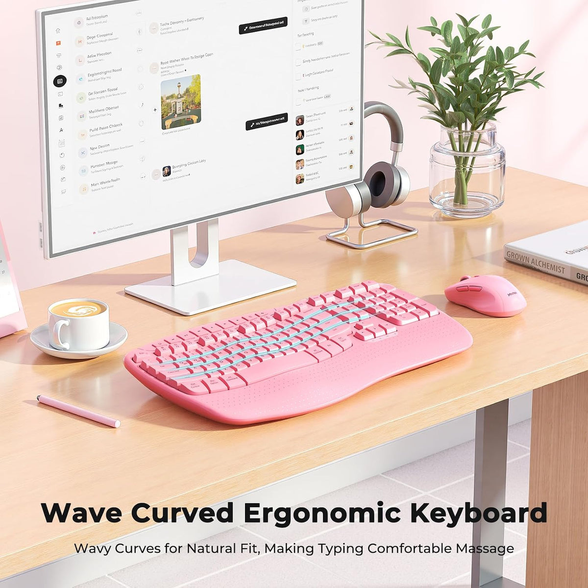 MEETION Ergonomic Wireless Keyboard and Mouse Combo with Wave Keys, Pink