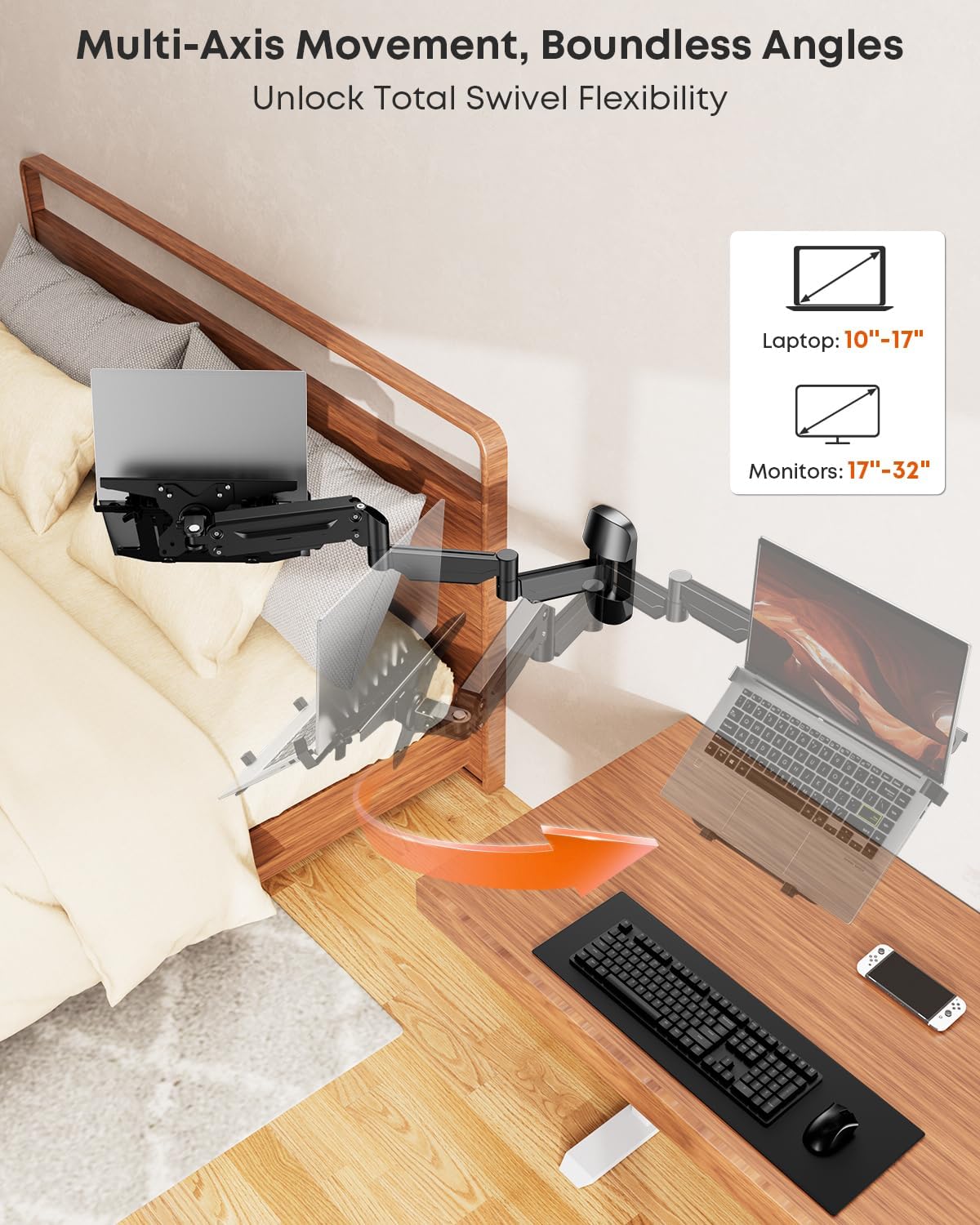 Long Arm 2-in-1 Laptop Wall Mount with Detachable Tray for 12-17'' Laptops