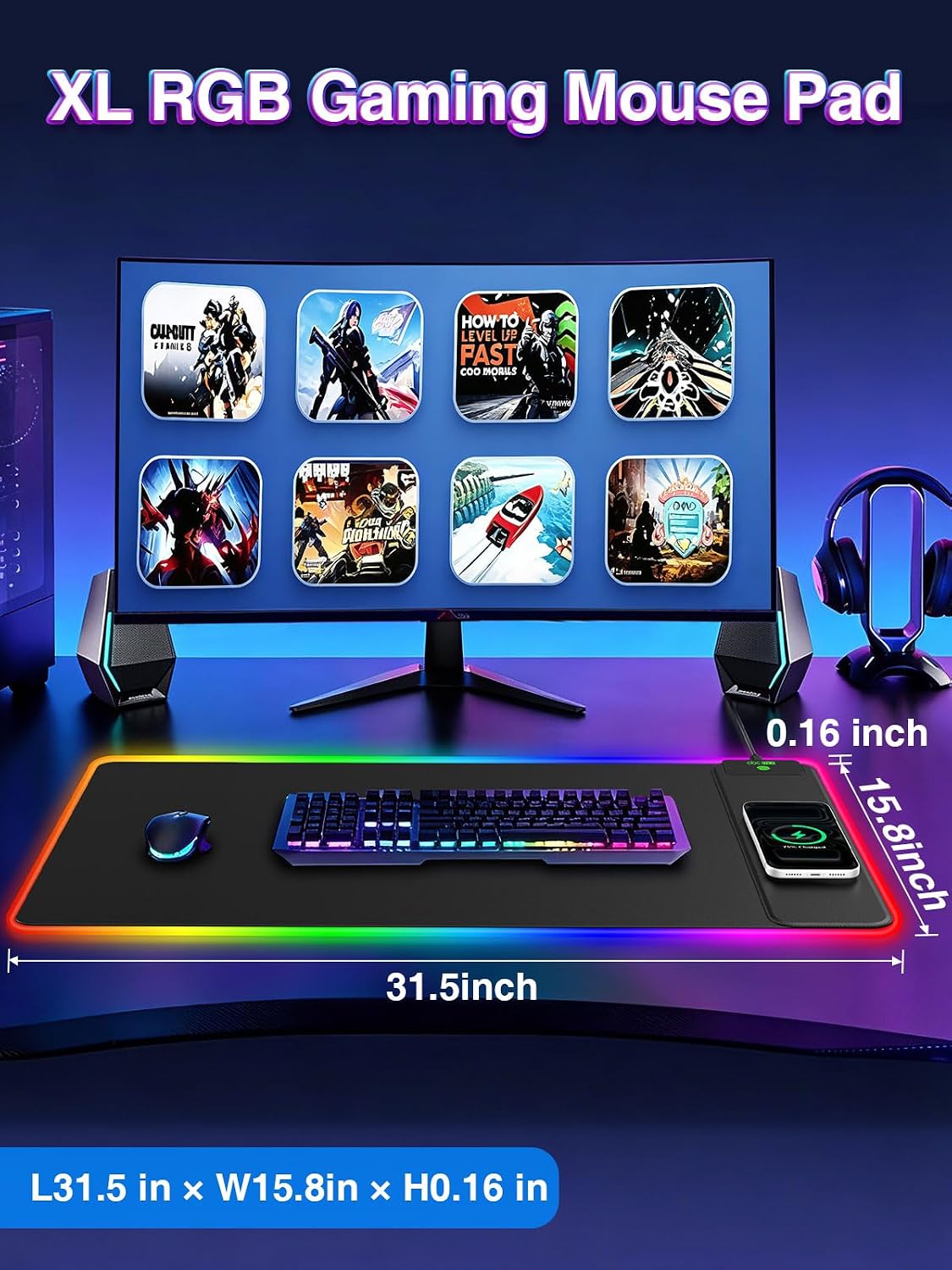 XXL RGB Gaming Mouse Pad with 15W Magnetic Wireless Charger