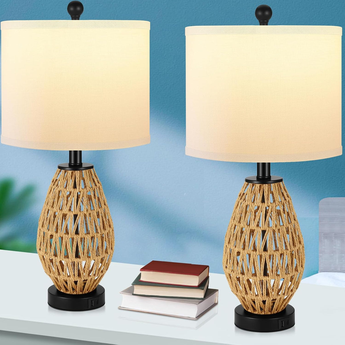 Coastal Table Lamps Set of 2, Retro Rattan Woven 24" Bedside Lamp, for Bedroom Living Room Home Nightstand Table Lamp(with USB C+A 5V 2.1A Charging Ports)