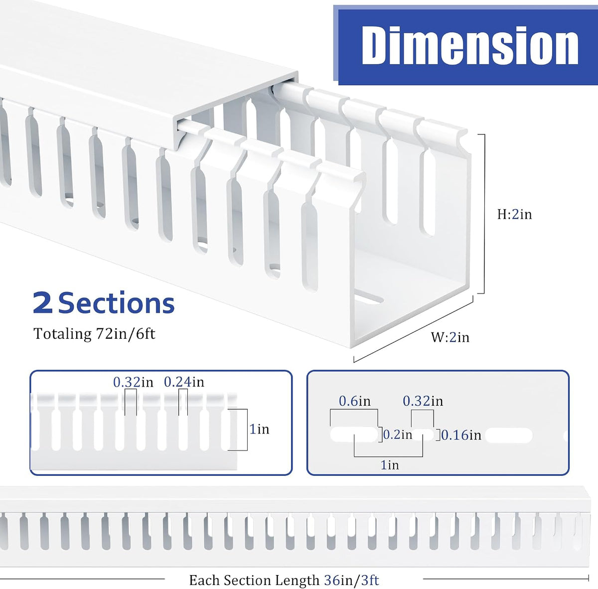 ZhiYo 2"H x 2"W Cable Raceway, 6ft Under Desk Wire Management Channel White