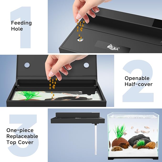 AQQA Small Glass Fish Tank，2.4 Gallon Self Cleaning Aquarium Starter Kits,USB External Controller,Adjustable 4 Color Lighting,Individually Controlled Upper Filtration System Black