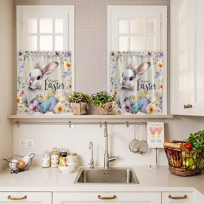 Easter Grey Bunny Kitchen Curtains Set 3 Piece