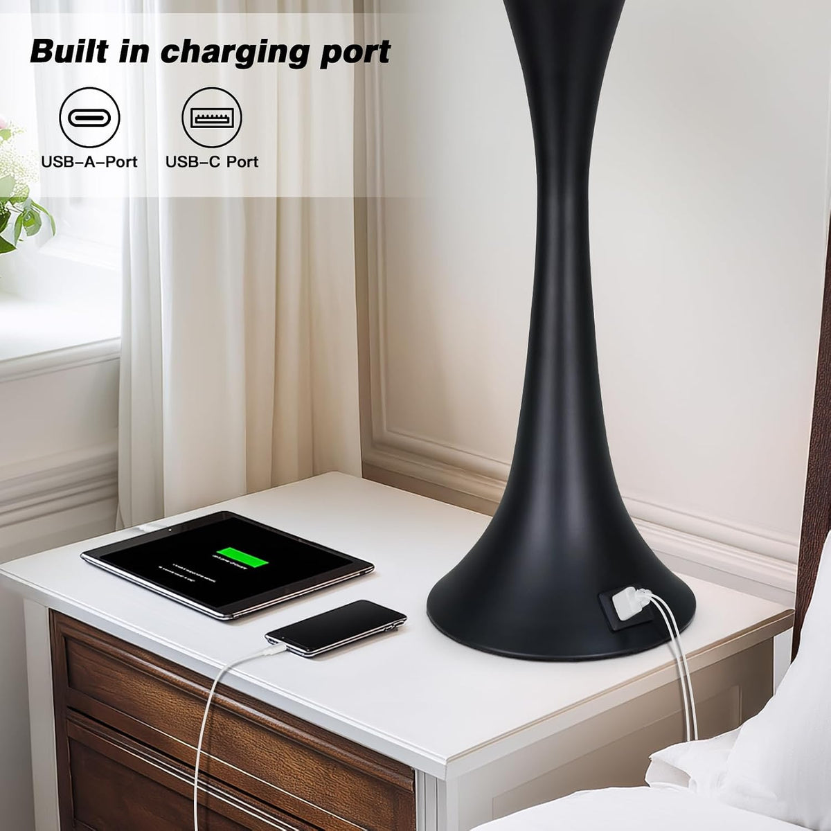 27.5" Black table Lamps for Living Room, Touch Control 3-Way Dimmable Bedside Nightstand Lamps Bedroom Lamp,Modern Black Table Lamp with USB A+C Ports,Tall Lamps for Living Room End Table（1Pack）