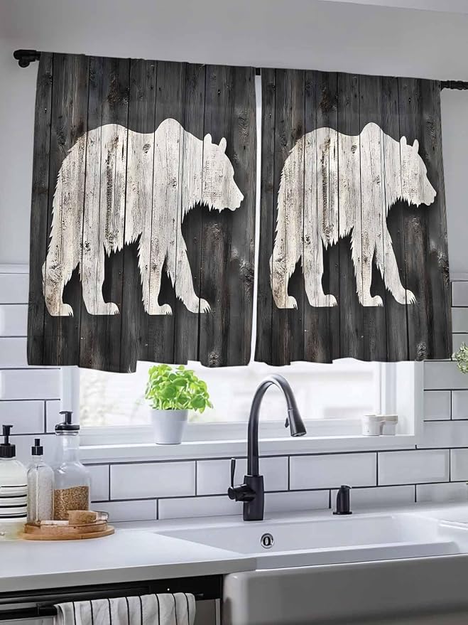 Sheer Curtains 45 Inch Length, Farmhouse Country Rustic Wooden Grain Privacy
