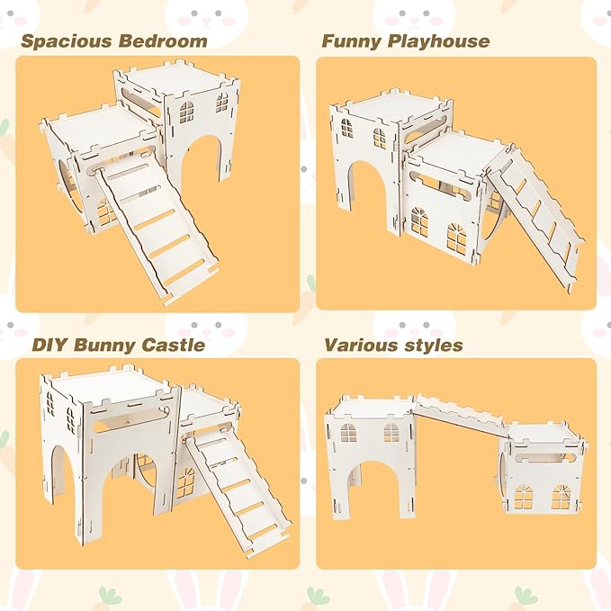Rypet Large Wooden Rabbit Castle Bunny House, Sturdy Wood Bunny Castle with Stair, Detachable Rabbit Hideaway Breathable Small Animal Indoor Playhouse for Rabbits Hamster Guinea Pig Chinchilla Ferret