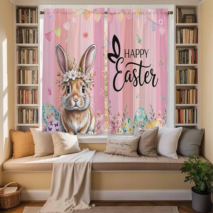 Easter Kitchen Curtains, Spring Rabbit Eggs Flowers Flags Leaves Wood Grain