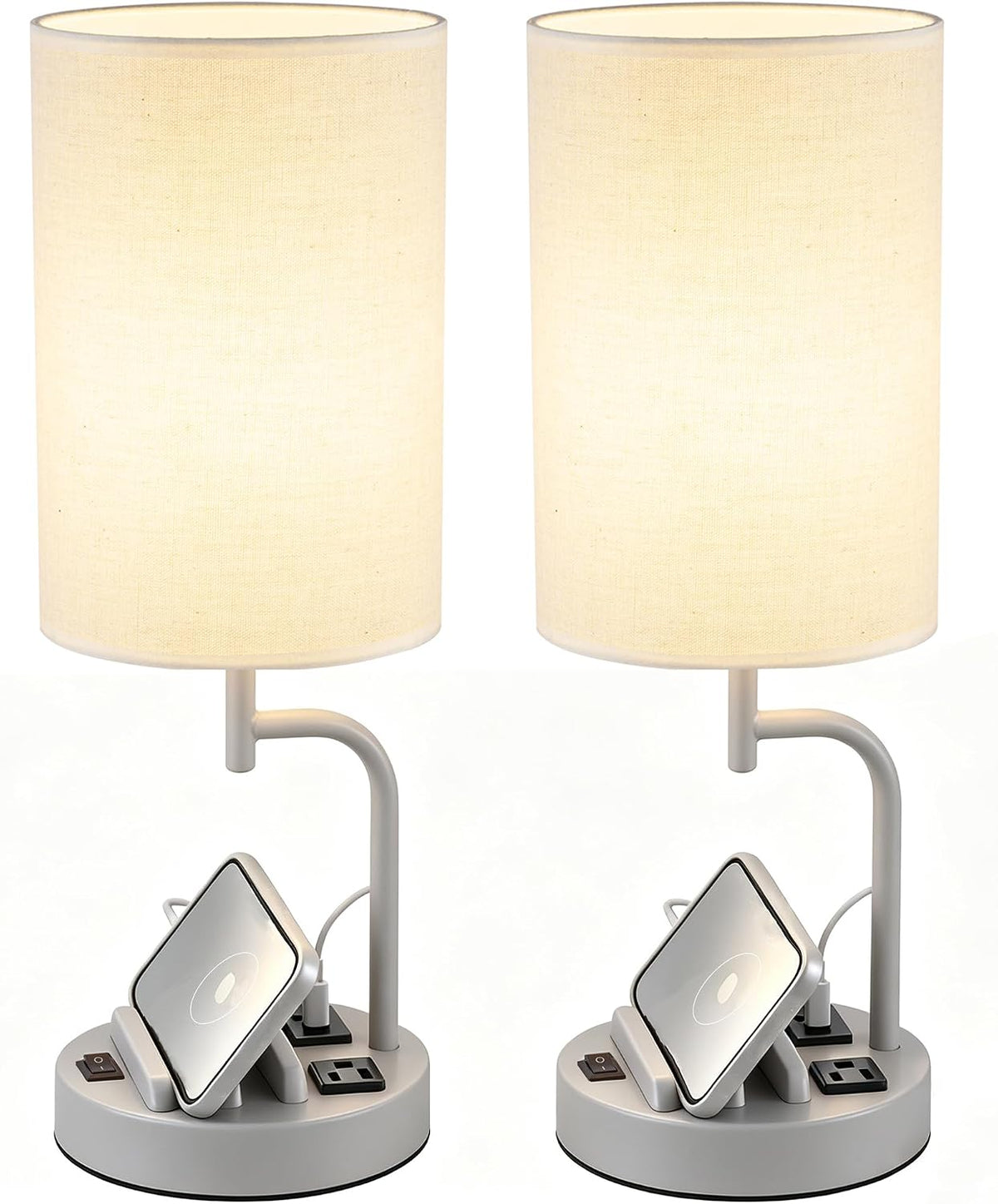 Dreamholder 2 Pack Table Lamp, Bedside Lamp with 3 USB Charging Ports & AC Outlet, USB Desk Lamp with 2 Phone Holders, Linen Fabric Shade Nightstand Lamps for Bedroom Living Room Office, Gray