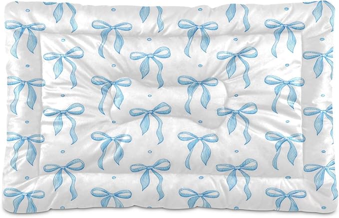 Blue Ribbon Bow Dog Bed Mat Cat Crate Pad with Non-Slip Bottom, Washable Soft Pet Kennel Beds for Small Medium Large Dogs, 24"x18"