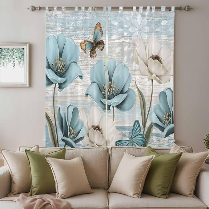 Spring Floral Living Room Curtains 84 Inch Length, Window Curtains Tab Top