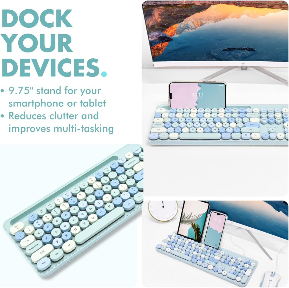 X9 Wired Keyboard and Mouse Combo with Backlight - Retro Typewriter Round Keycaps, Phone/Tablet Dock, 109 Fullsize Keys, Cute Colorful Blue Keyboard, Pastel Keyboard for Laptop, PC and Chromebook