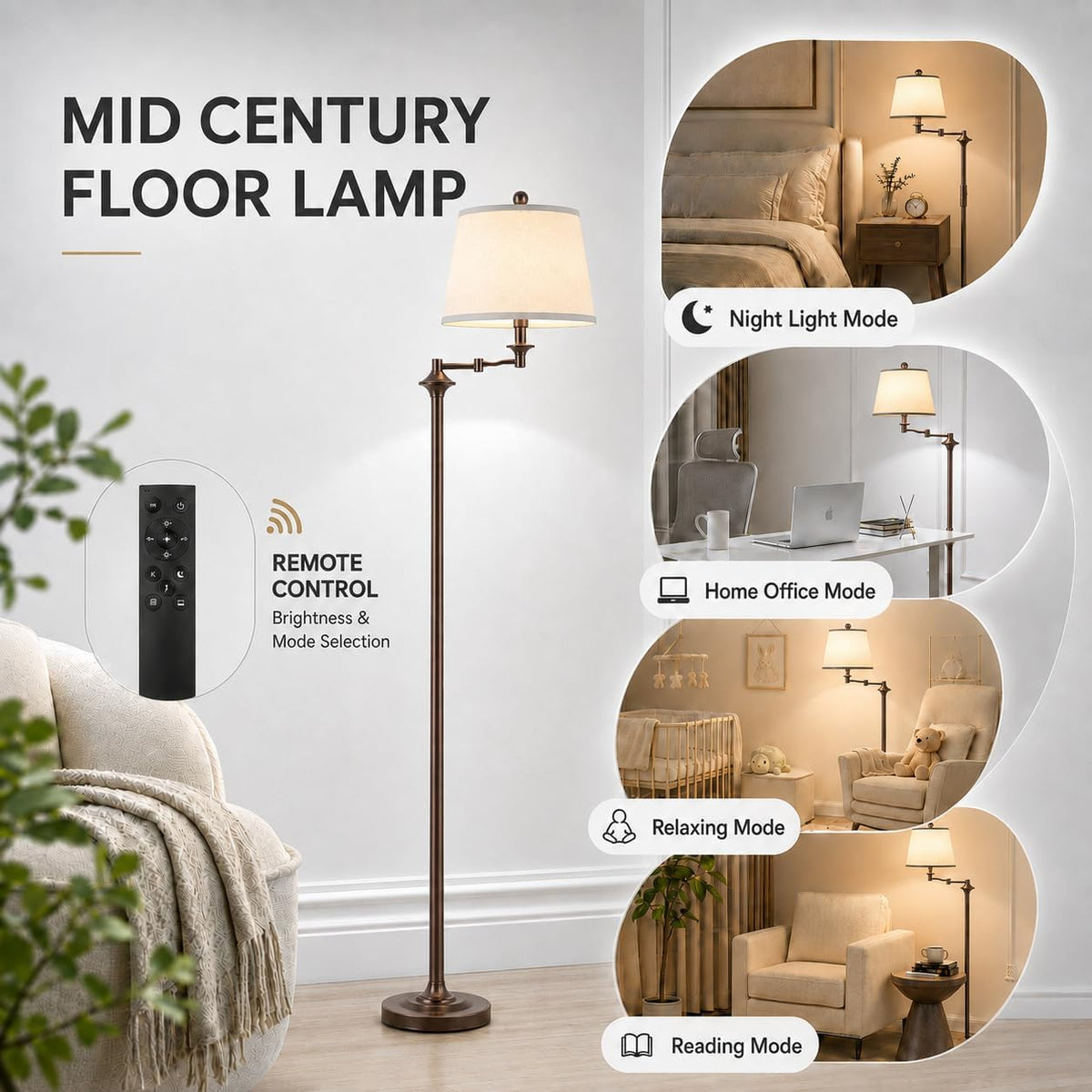 Wio-Mio Vintage Floor Lamp, 350° Adjustable Swing Arm for Living Room
