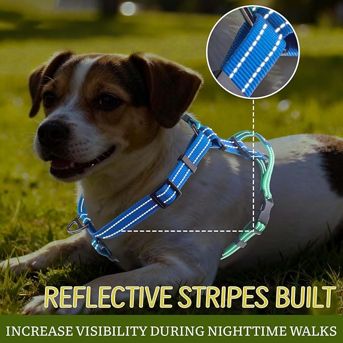 Roses&Poetry Dog Harness Medium Sized Dog, 6 Point Adjustable Fit No Pull Harness with Handle for Control and Easy Walking, Reflective Pet Halter Harnesses（Bluegreen-M）