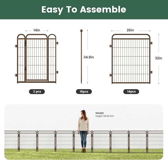 32 in(H) Decorative Garden Fence Outdoor for Yard with 2 Gates,Heavy Duty Iron 16 Panels Total 34.7ft(L) Anti Dig Fence with Gravity Automatic Lock for Indoor/Outdoor Decorative Dog Fence,Brown