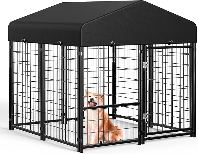 Sino Luban Outdoor Dog Kennel Outside Run with Doggy Door&Waterproof Roof - 4x4x4.6FT Large Dog Kennels Pens Outside for Small/Medium Dogs - Heavy Duty Cage Yard (Can Connect to Your Dog House)