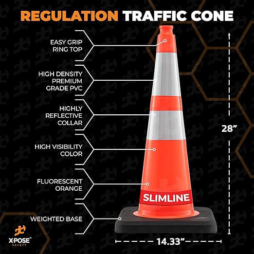 Xpose Safety 28 Inch Orange Slim Line Traffic Cones Heavy Duty 10lb with 6" & 4" Collars, 48 Pack Multipurpose PVC Plastic Safety Cone for Parking, Soccer, Caution, Kids & Construction - DOT Approved