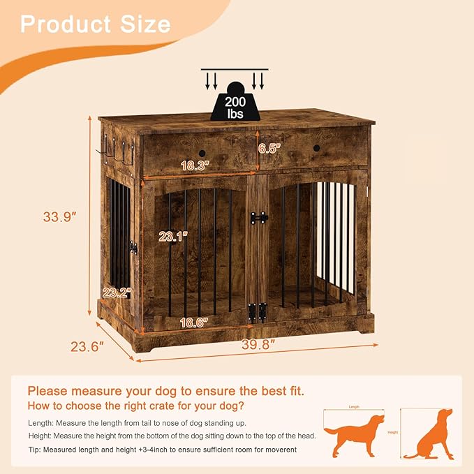 BREEZEHEAT 40 inch Dog Crate Furniture-Farmhouse Dog Kennel with Drawers-End Table Wooden Pet Crate, Double Door Design, Decorative Dog House Indoor for Small Medium Large Dog,Rustic Brwon