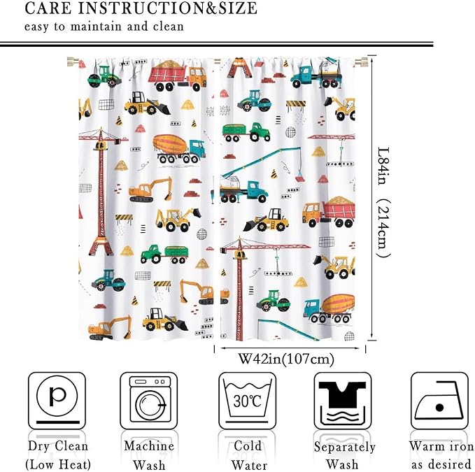 Construction Window Curtains, Kids Cartoon Construction Machines Building Hand