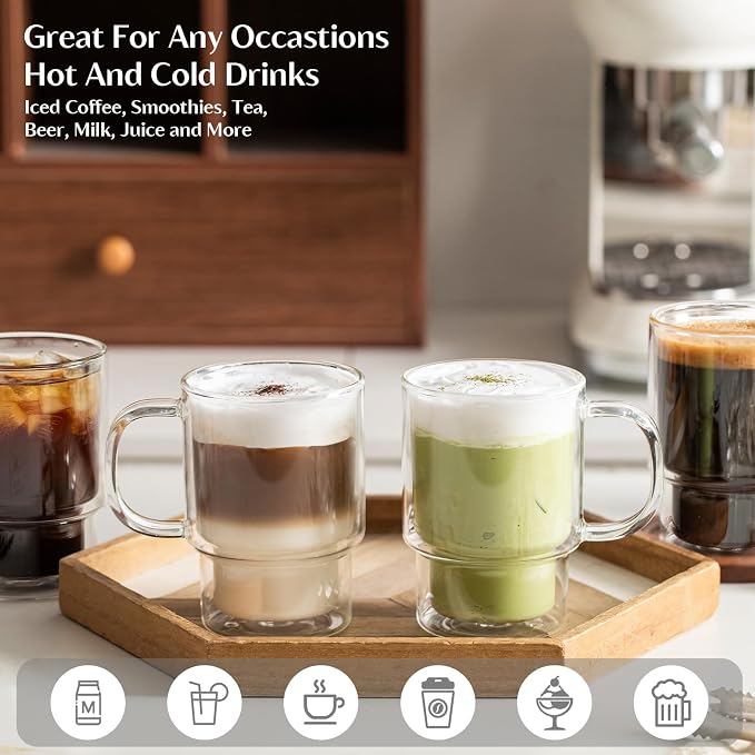 INSETLAN 16oz Double Wall Glass Coffee Mugs Set of 2, Insulated Borosilicate