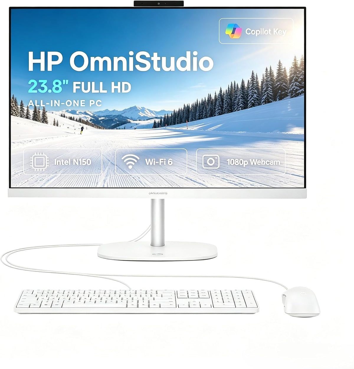 HP OmniStudio All‑in‑One Desktop, 24‑Inch Full HD Display, Intel N150 Quad‑Core CPU, 16GB DDR5 RAM, 128GB UFS Storage, WiFi 6, Bluetooth 5.4, Wired Keyboard & Mouse, Windows 11, Cashmere White