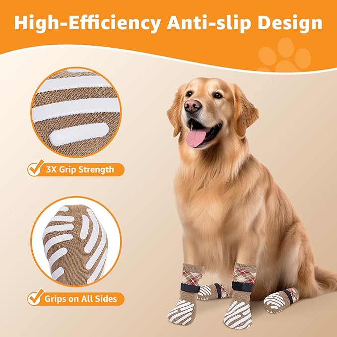 LOOBANI Dog Socks to Prevent Licking Paws - Dog Socks for Hardwood Floors Anti Slip for Traction Control - Dog Grippy Socks for Senior Dog Small Medium Large Dogs on Tile Floors, Caramel S