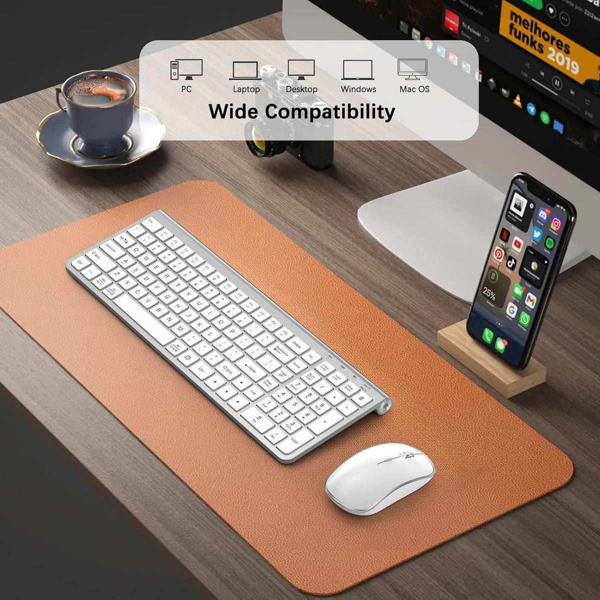 JOYACCESS Wireless Keyboard and Mouse, Ergonomic,Dustproof and Portable Wireless Keyboard with Number Keypad, Adjustable DPI Computer Mouse for Laptop,PC, Windows-Silver White