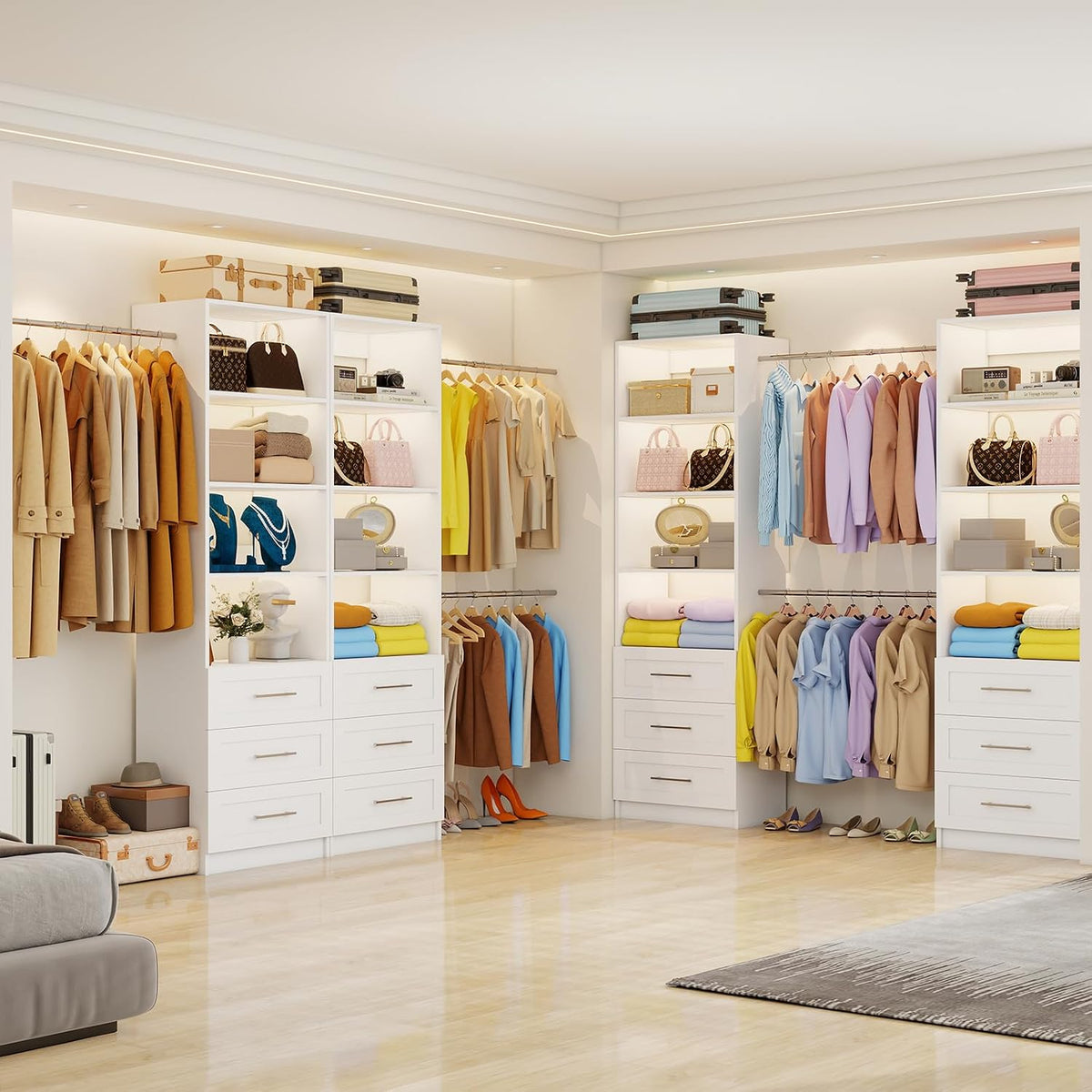 Fastgo Closet System with Drawers, 5-9FT Closet Organizer System with 4 Expandable Rods & Adjustable Shelves for Walk in Closet, 96” Built in Closet System Tower, Small Closet Storage System, White