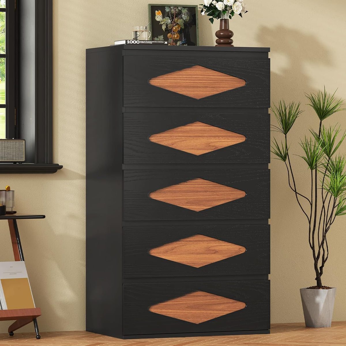 UPOSOJA Tall Dresser for Bedroom, 5 Chest of Wooden Drawers, Vintage Dresser, Closet Storage Dressers Organizer for Bedroom, Living Room, Hallway (Black+Brown)
