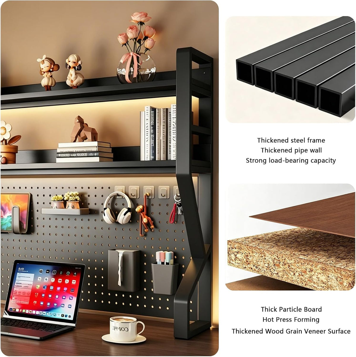 Desk Shelf, 53.1" L 2-Tier Desktop Organizer Desk Hutch Storage Rack with Hole Plate Multi-Functional Workstation Organizer Bookcase Computer Desk for Home Office Dorm Top of Desk