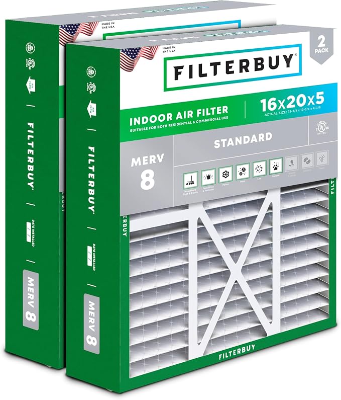 Filterbuy 16x20x5 Air Filter MERV 8 Essential Dust & Allergy Defense, Pleated
