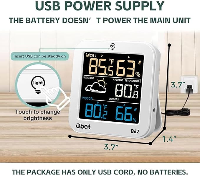 OBET Indoor Outdoor Thermometer Wireless Weather Station Temperature and Humidity Monitor Remote Thermometer Wireless Outdoor White