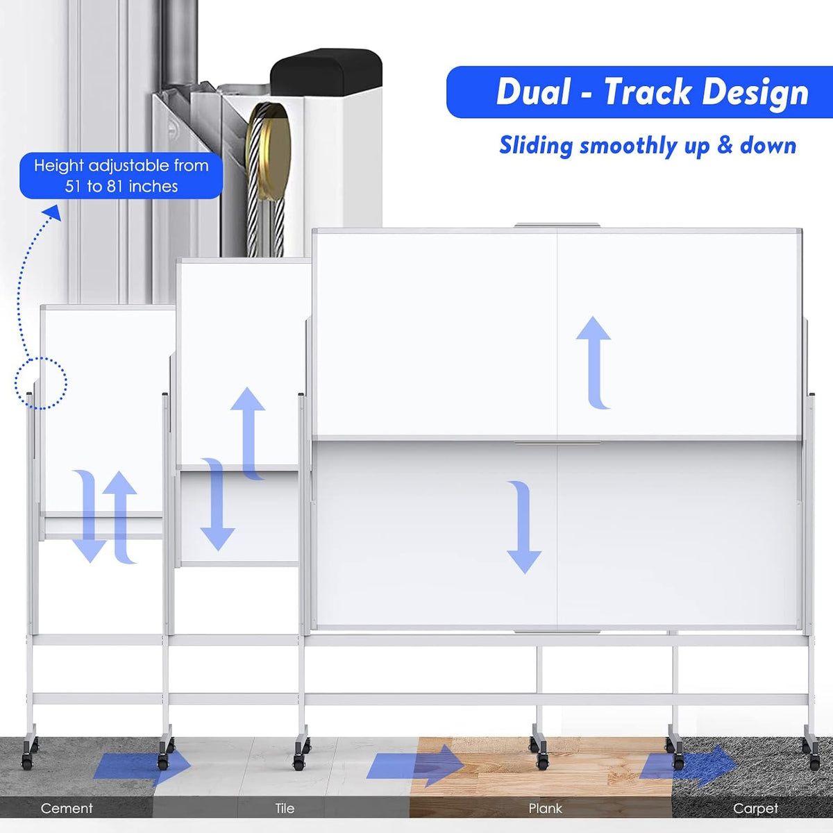 Maxtek Double-Sided Rolling White Board on Wheels 72x60, Height Adjustabled