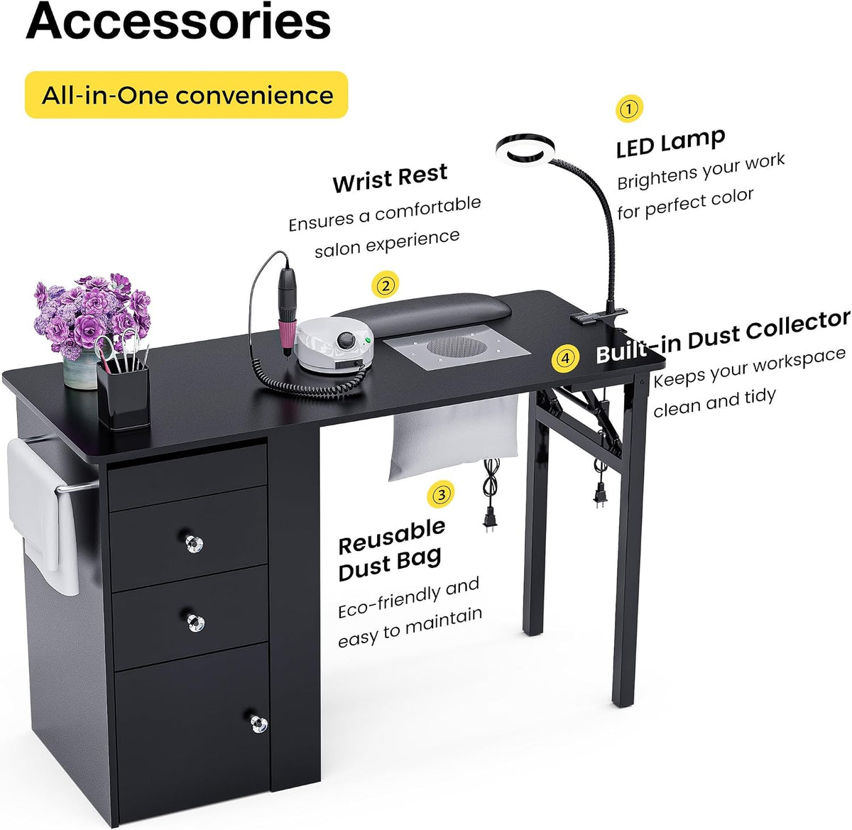 Foldable Nail Table with Dust Collector, Manicure Desk for Nail Tech,with LED Lamp, Wrist Rest, Rolling Nail Table for Salon, Home Beauty Workstation, Compact Nail Station with Storage (Black)