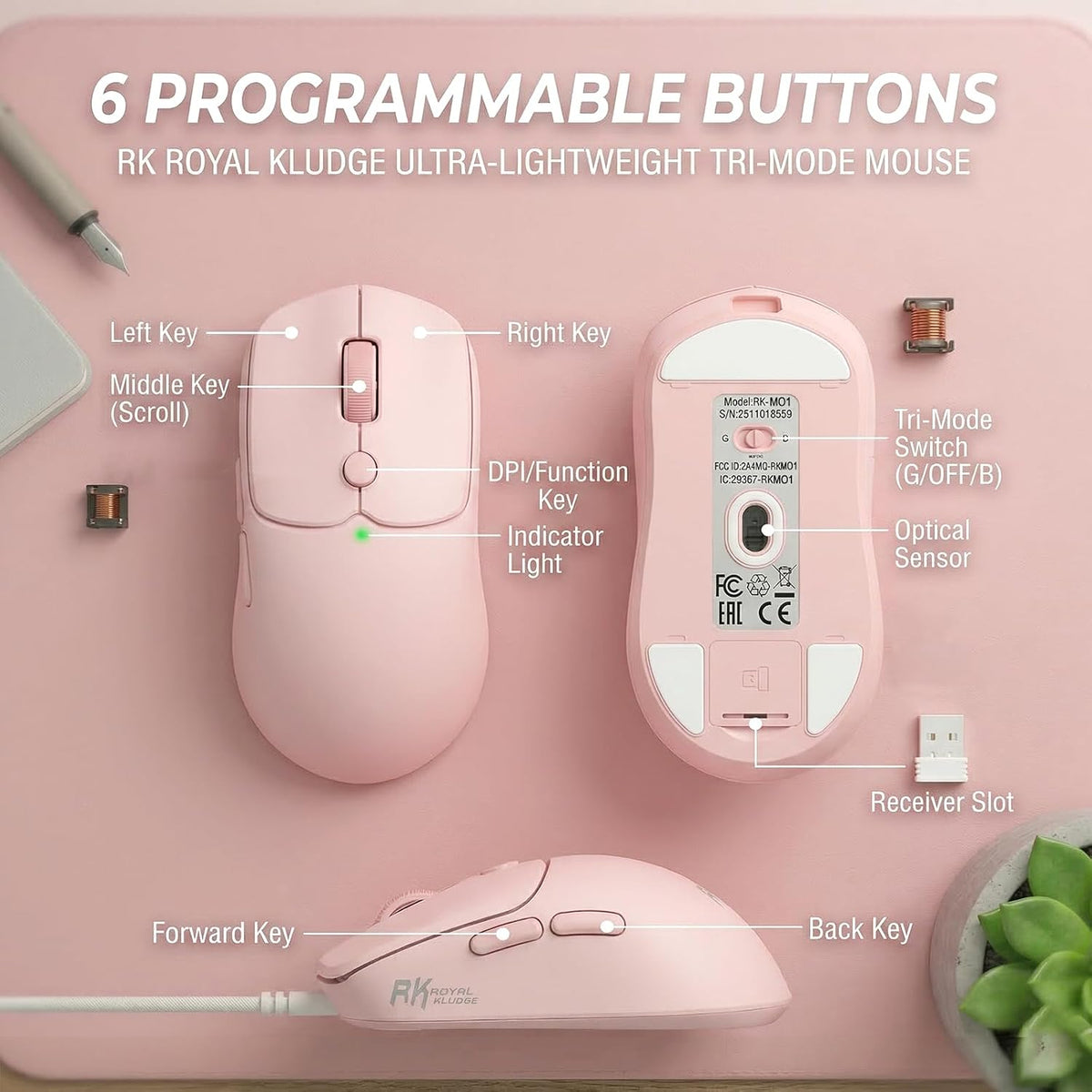 RK ROYAL KLUDGE MO1 Wireless Mouse, 55g Ultra-Lightweight Computer Mice, 6 Programmable Buttons, 2.4GHz/Bluetooth/Wired, 6000 DPI Optical Sensor, Pink