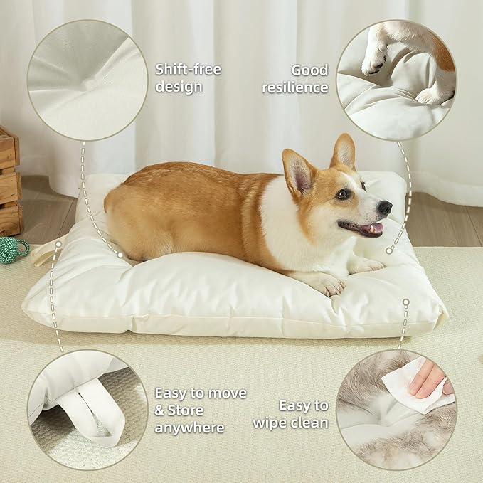 Chew Resistant Dog Bed for Small/Medium Dogs - Durable 29"x18" Kennel Pad with Soft Plush Filling, Machine Washable Crate Mat for Aggressive Chewers, Indoor Outdoor Pet Bed, Beige