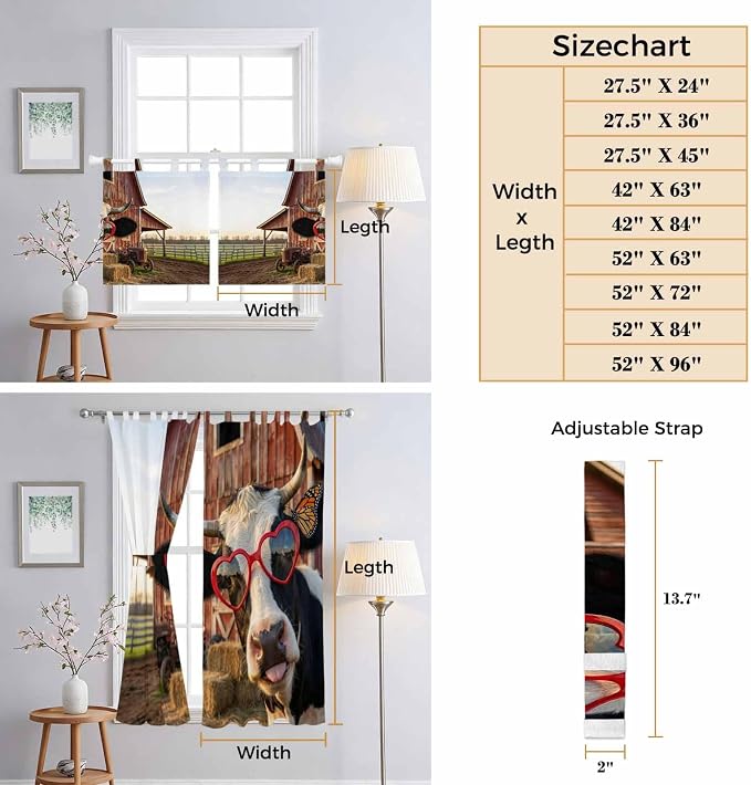 Farm Cows Living Room Curtains 84 Inch Length, Window Curtains Tab Top