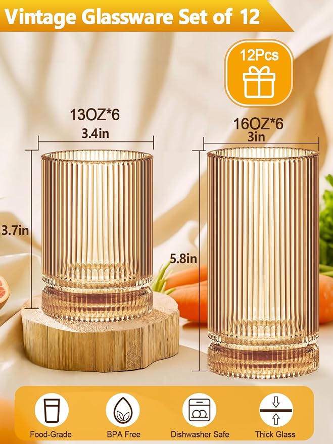 Ribbed Glassware Vintage Drinking Glasses 12Pcs Set （6 Highball Glasses 16Oz