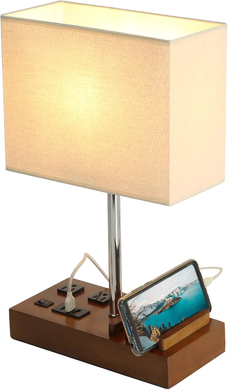 Briever USB Table Lamp, Multi-Functional Desk Lamp with 2 AC Outlets, Bedside Lamp with 3 USB Charging Ports and Wooden Phone Stands, Nightstand Lamp for Bedroom, Livingroom, Office, Walnut Wood