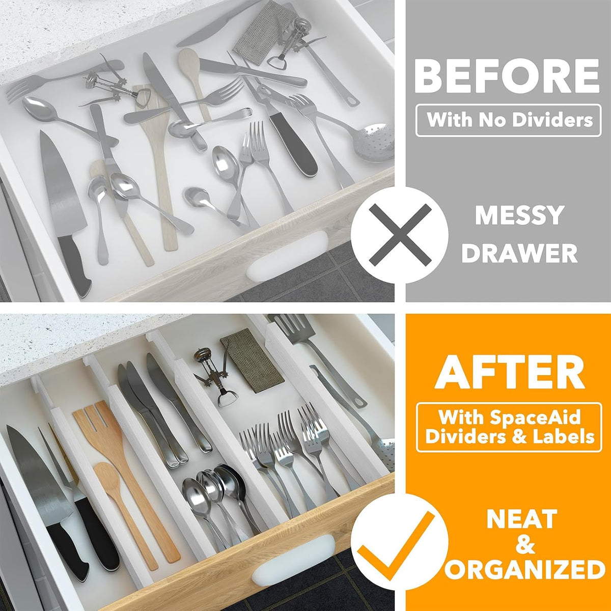 SpaceAid 4 Pack Bamboo Drawer Dividers with Labels, Kitchen Adjustable Drawer Organizers, Expandable Organization for Home Clothes Dressers (17-22 in, White)