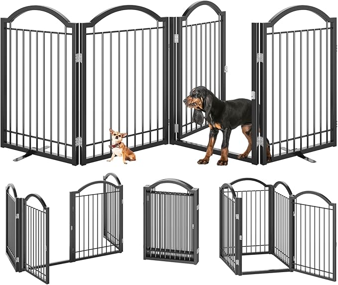 BHG Metal No-Assembly Freestanding Dog Gate with Door Walk Through, Extra Wide 96", Extra Tall 32" Pet Gate, Accordion Puppy Folding Playpen Dog Fence, with 2PCS Support (Black, 4 Panels)